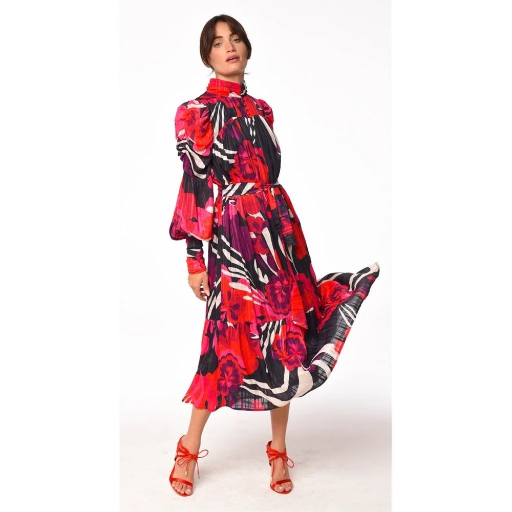 NWT Ciebon Adele Midi Dress S Floral Zebra Puff Sleeve Mock Neck Boho Statement